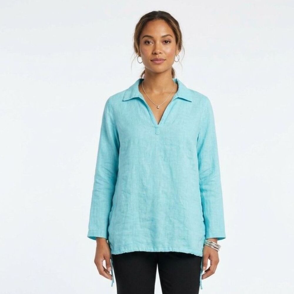 Sigrid Olsen 100% Linen 3/4 Sleeve Side Tie Hem Tunic Top Blouse M
